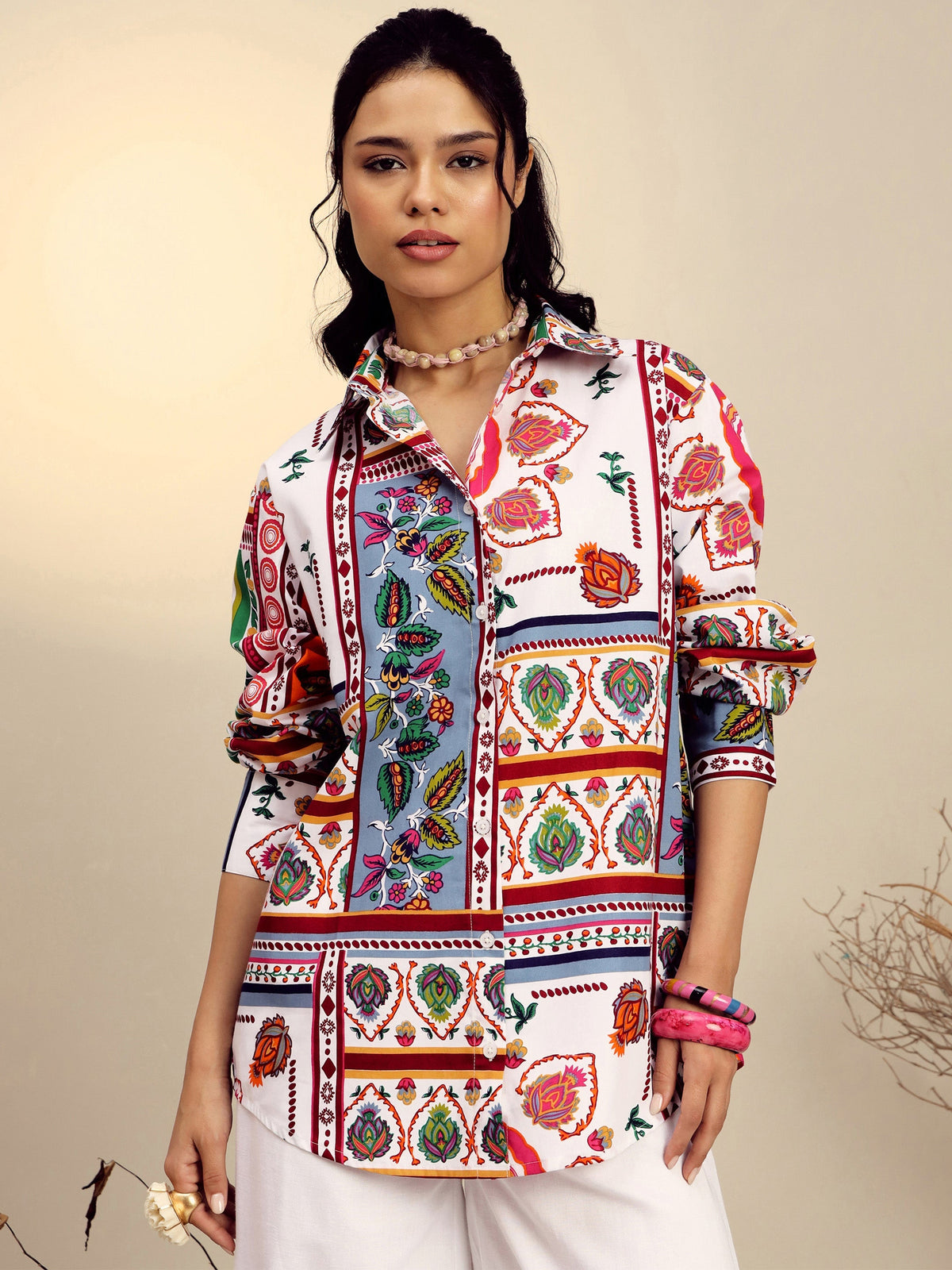 Women White Poplin Multi Patch Print Regular Shirt-SFSHRT20681
