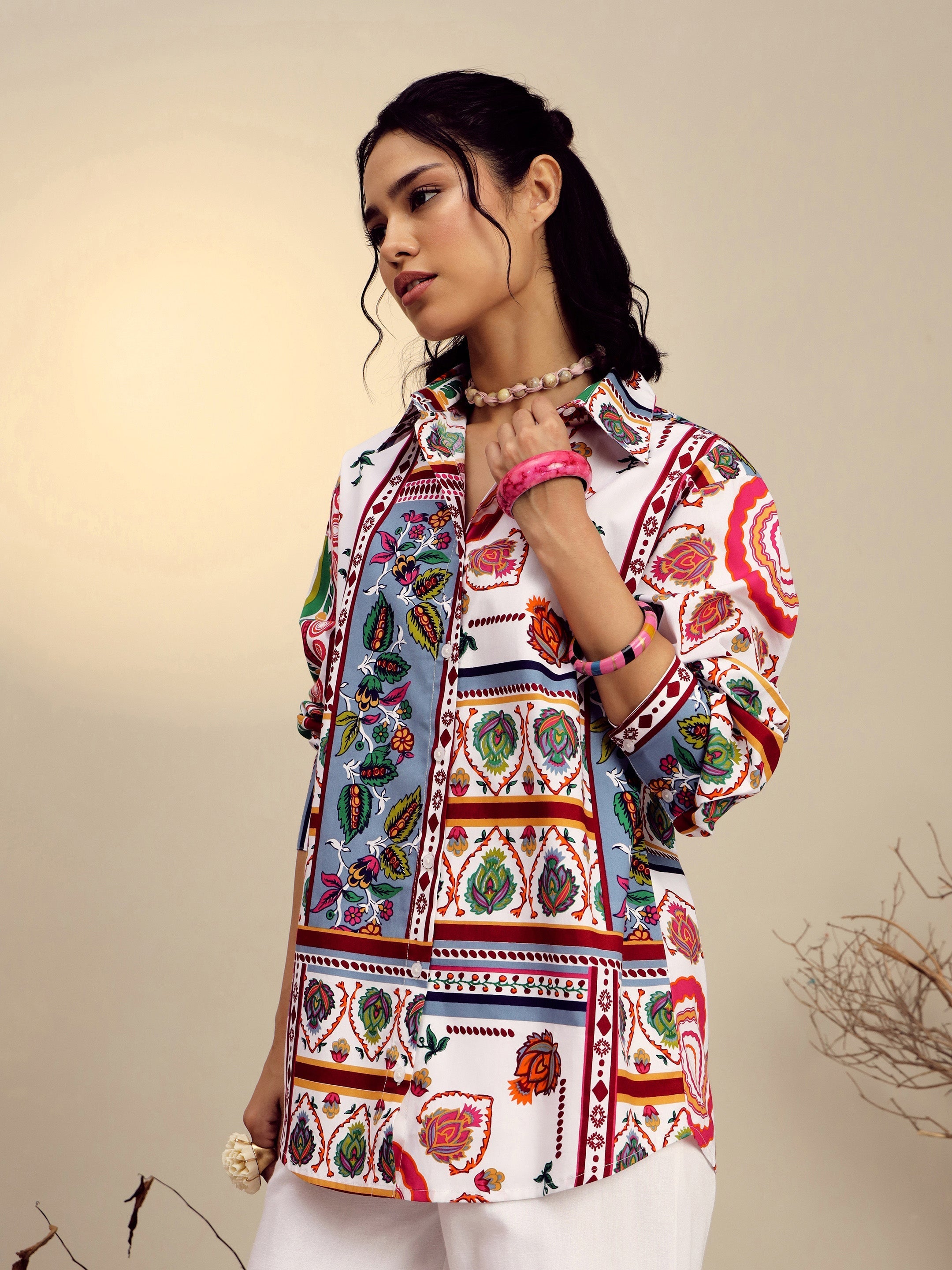 Women White Poplin Multi Patch Print Regular Shirt-SFSHRT20681