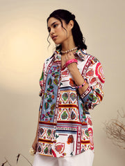 Women White Poplin Multi Patch Print Regular Shirt-SFSHRT20681