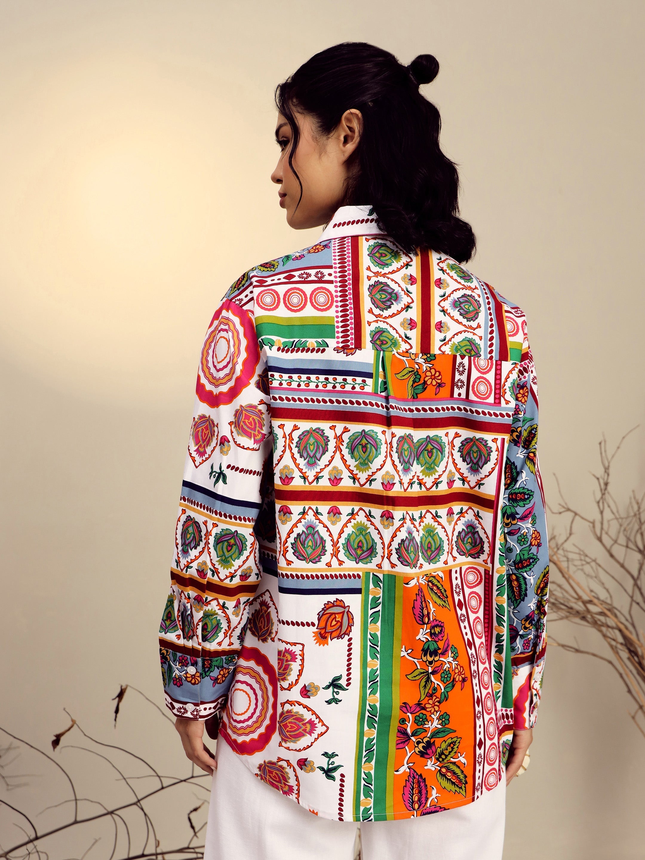 Women White Poplin Multi Patch Print Regular Shirt-SFSHRT20681
