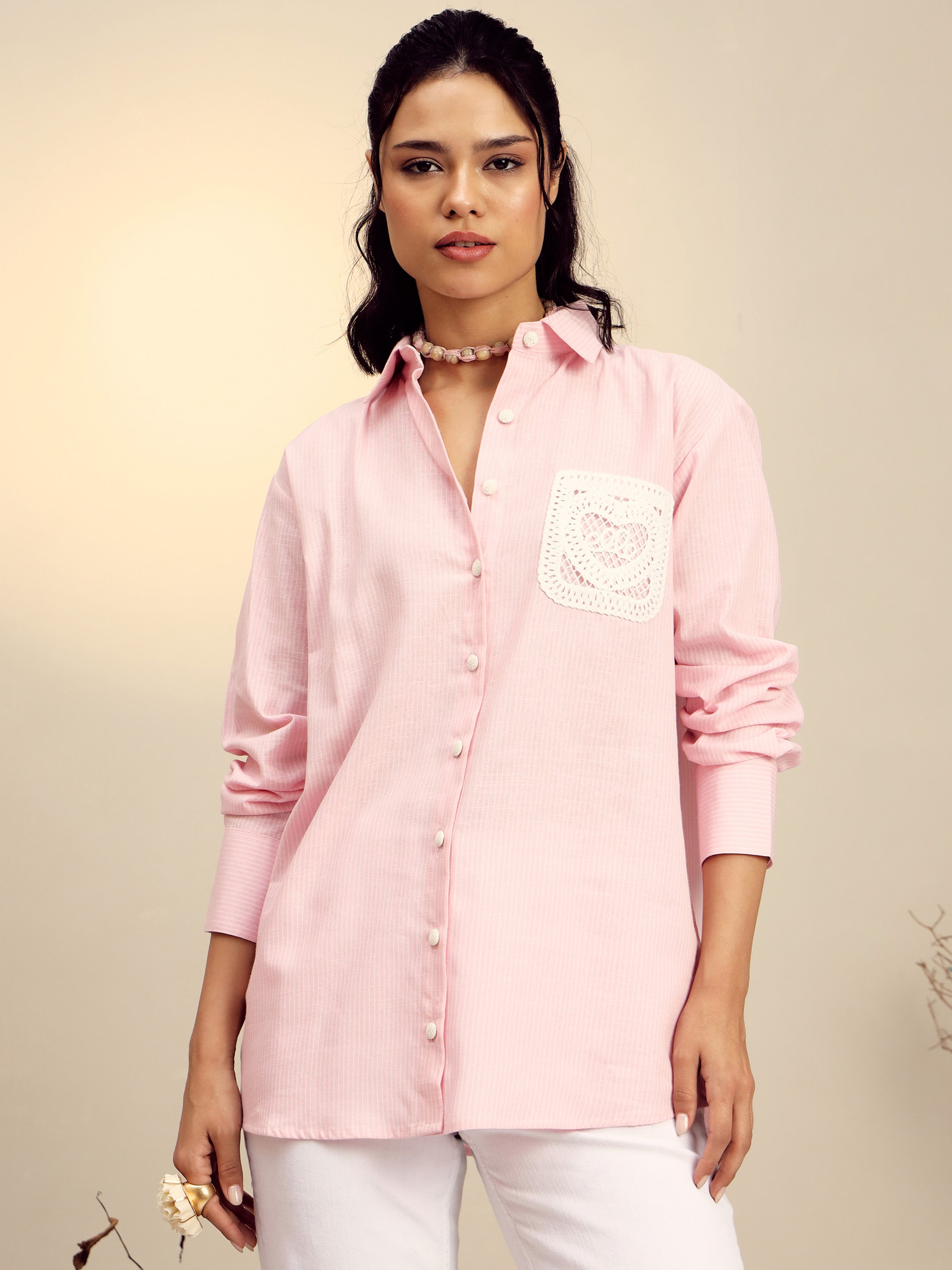 Women Pink Striped Regular Shirt-SFSHRT20682