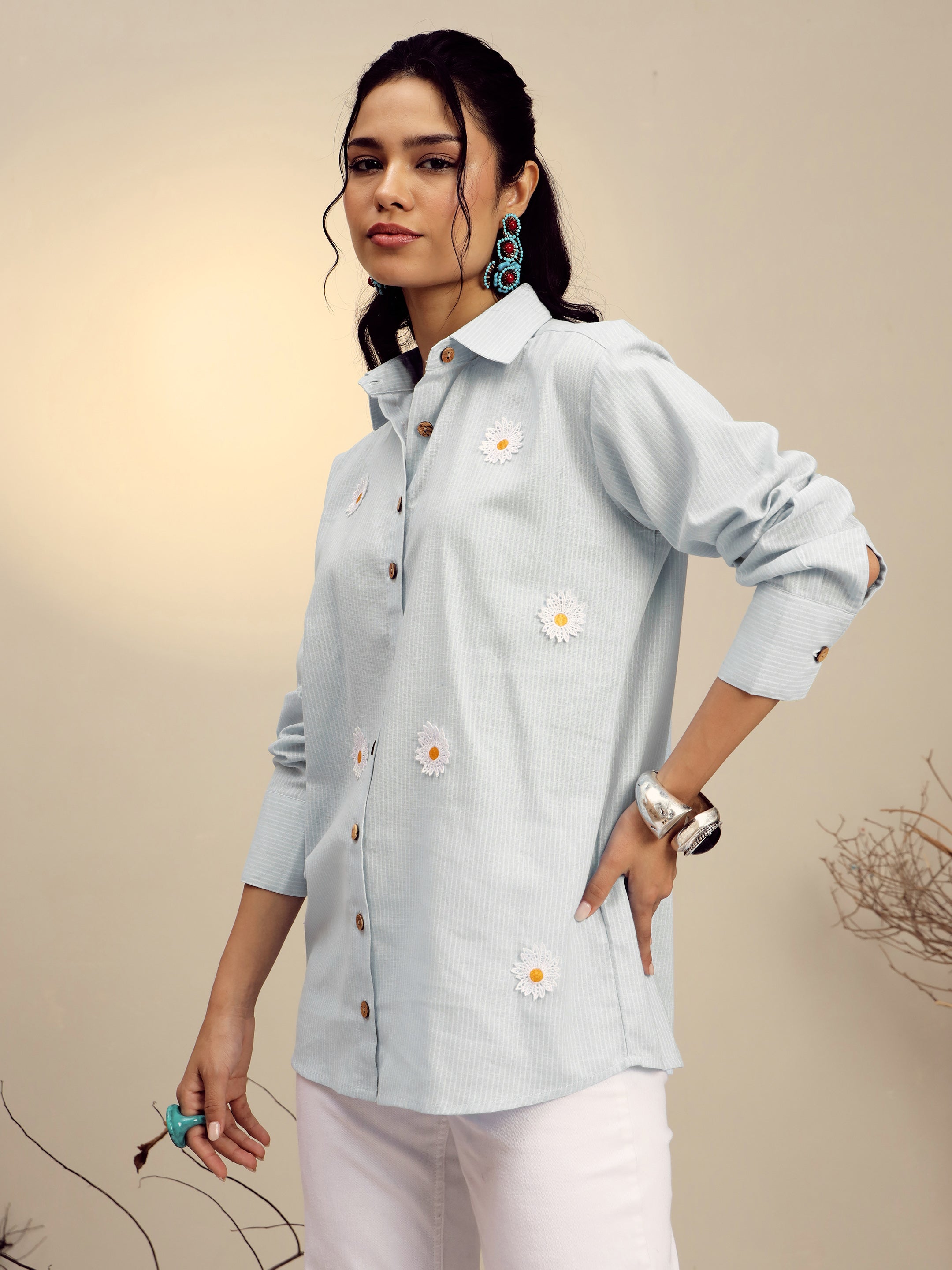 Women Grey Striped Regular Shirt-SFSHRT20683