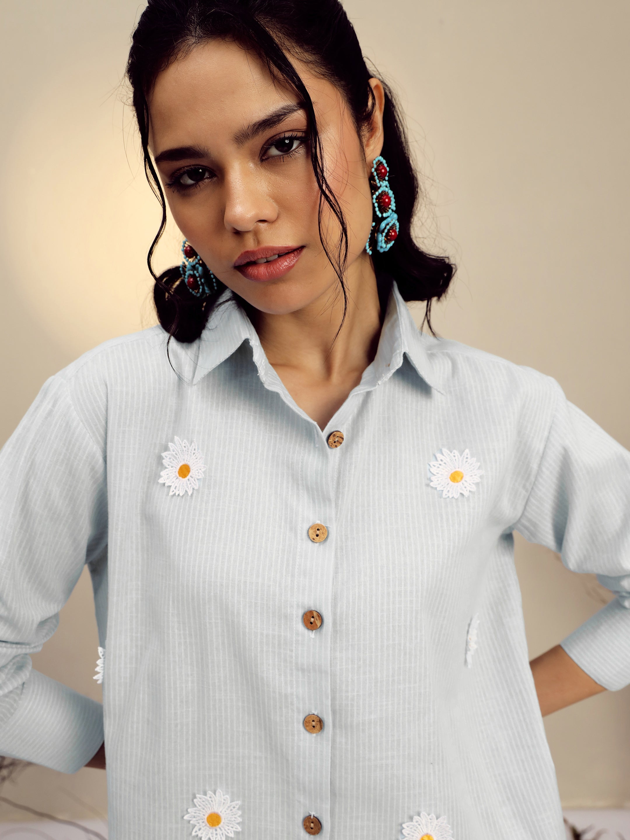 Women Grey Striped Regular Shirt-SFSHRT20683