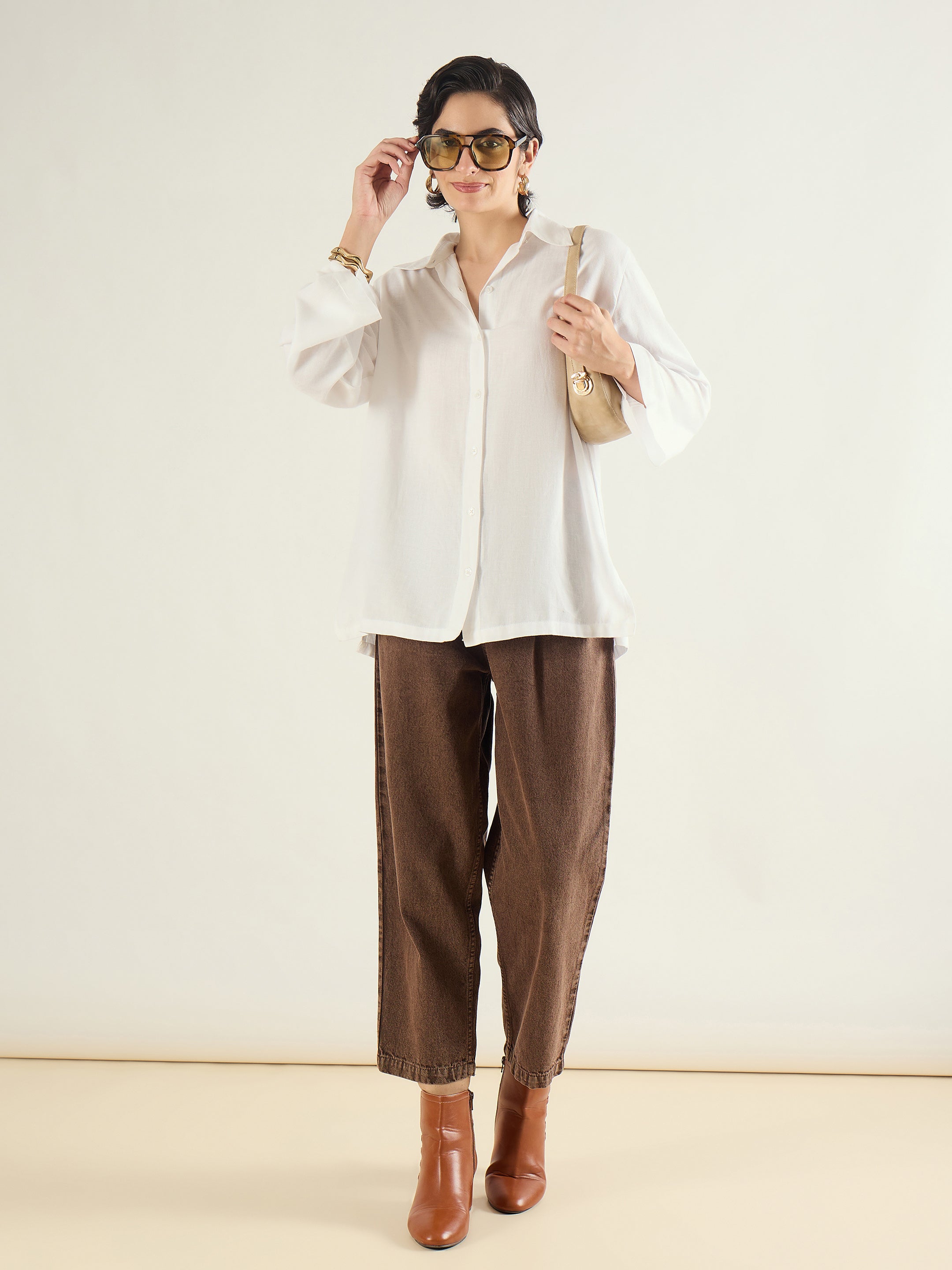 Women White Linen Oversize Shirt-SFSHRT20685