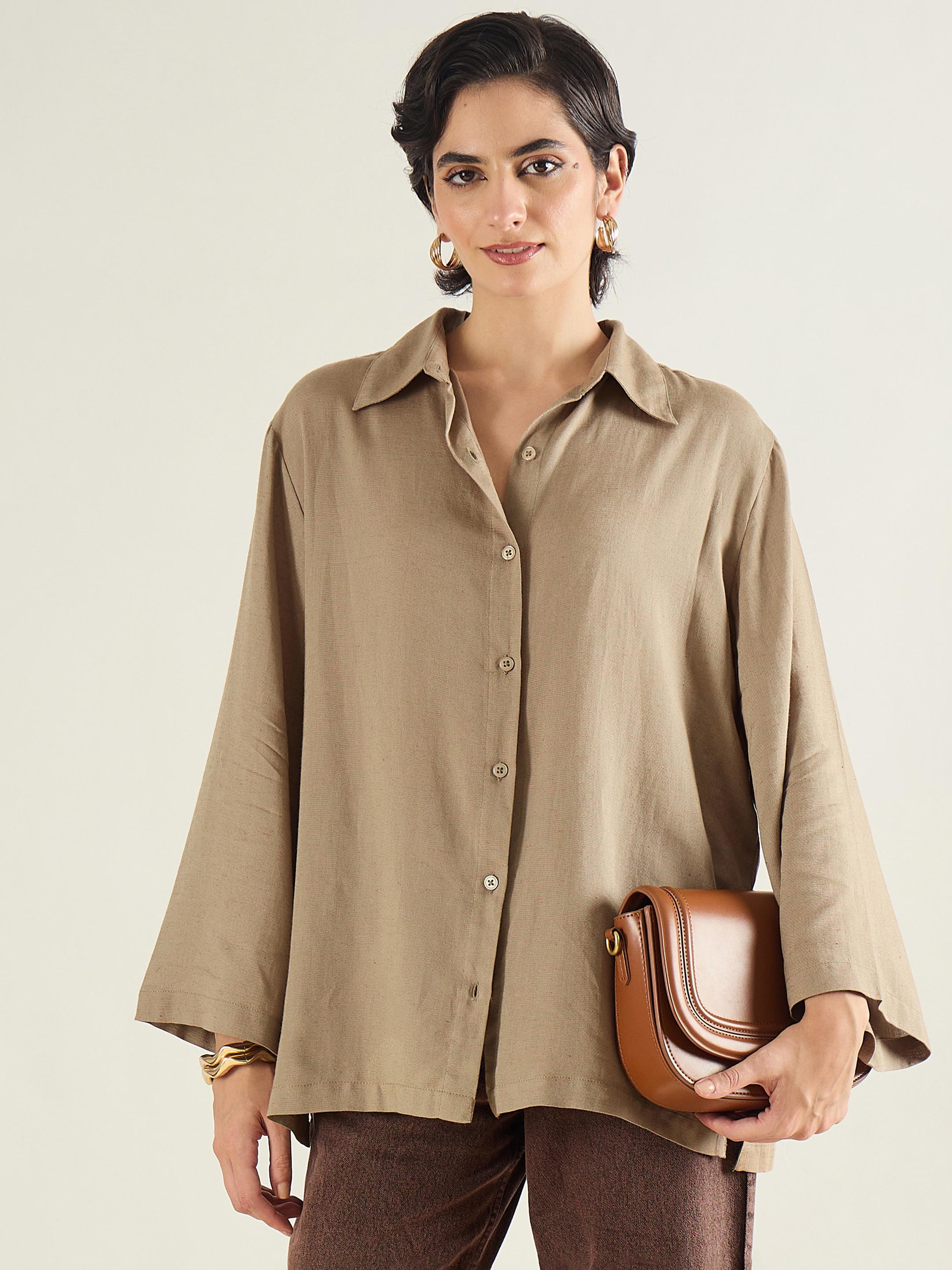 Women Beige Linen Oversize Shirt-SFSHRT20686