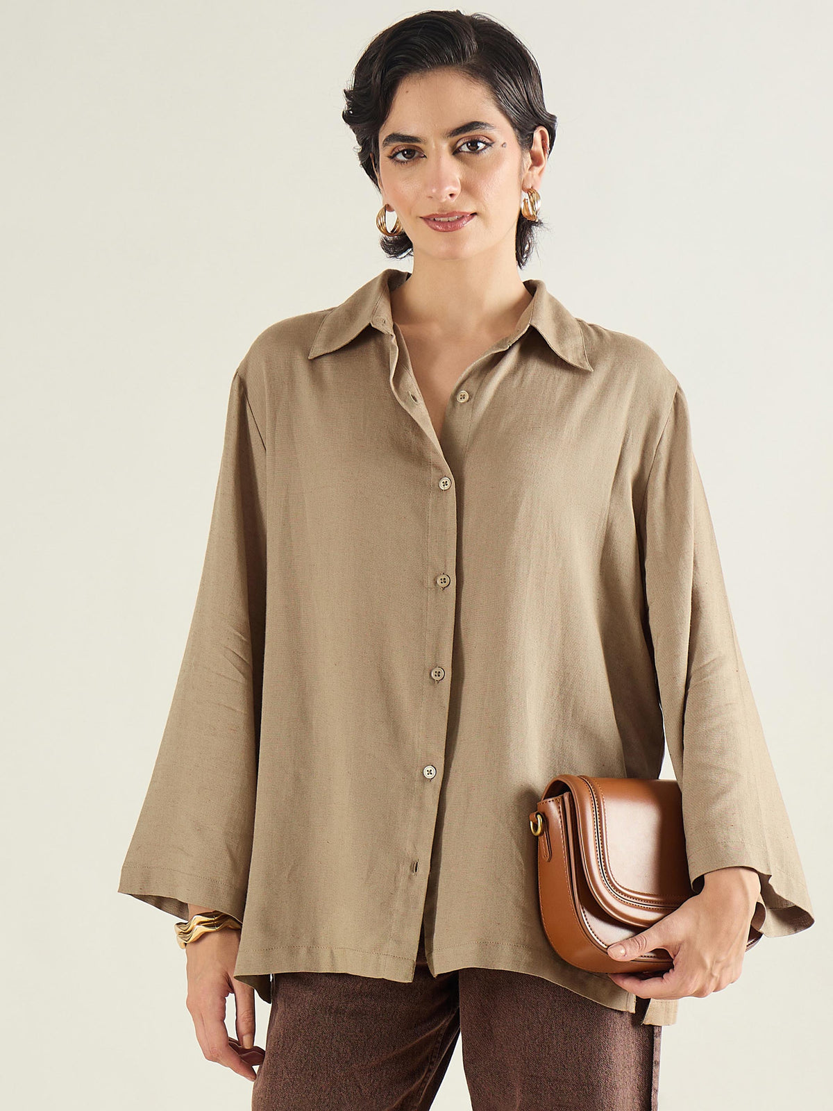 Women Beige Linen Oversize Shirt-SFSHRT20686