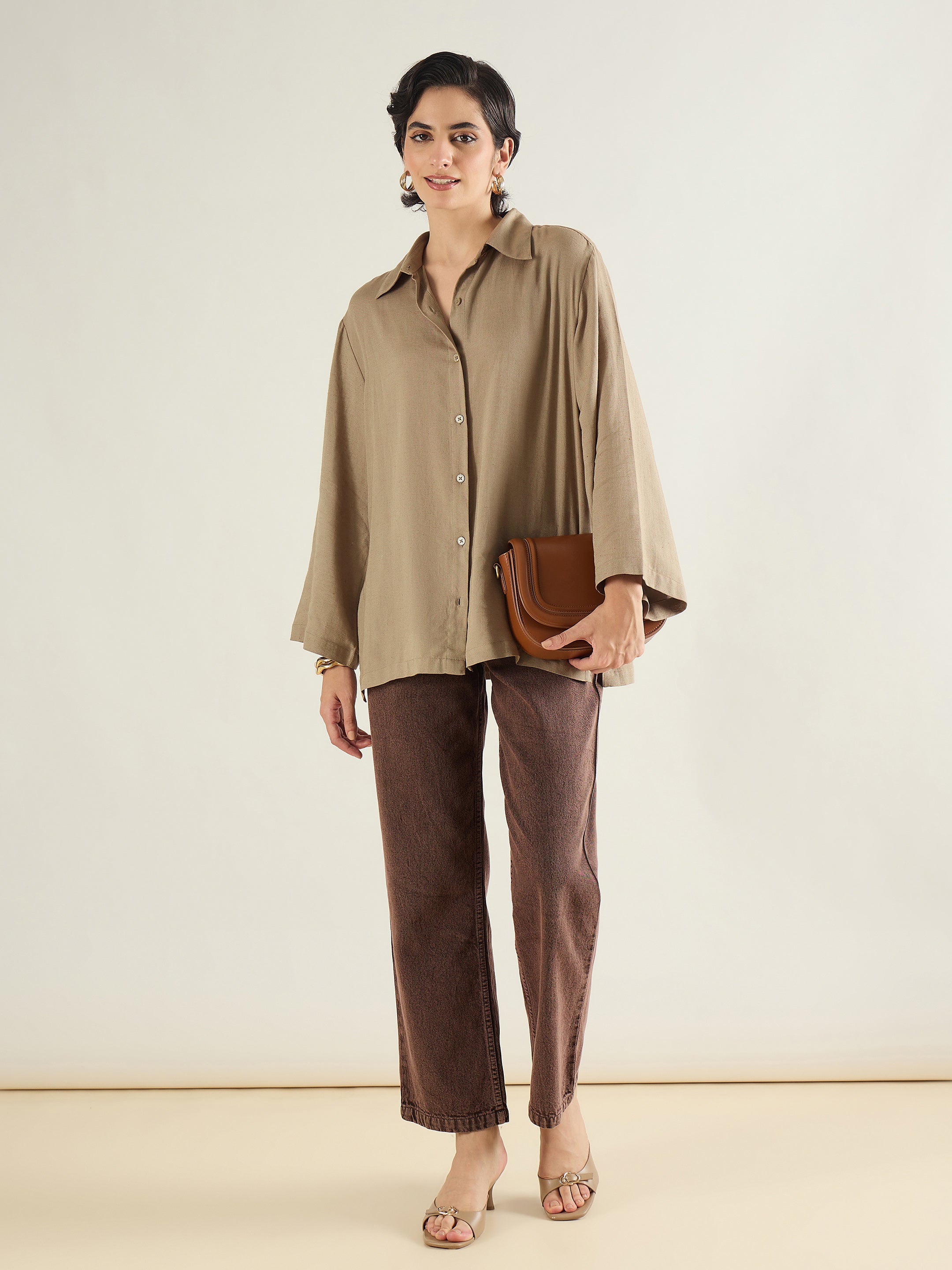 Women Beige Linen Oversize Shirt-SFSHRT20686