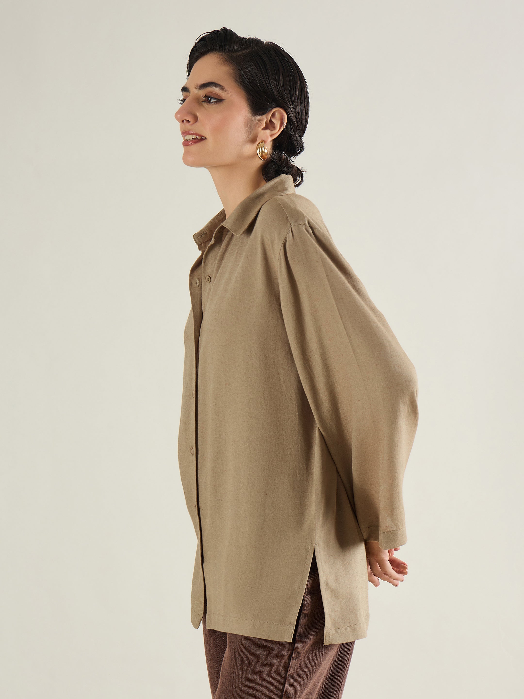 Women Beige Linen Oversize Shirt-SFSHRT20686