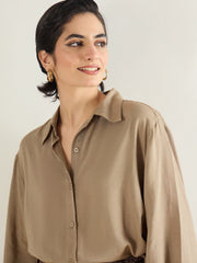 Women Beige Linen Oversize Shirt-SFSHRT20686