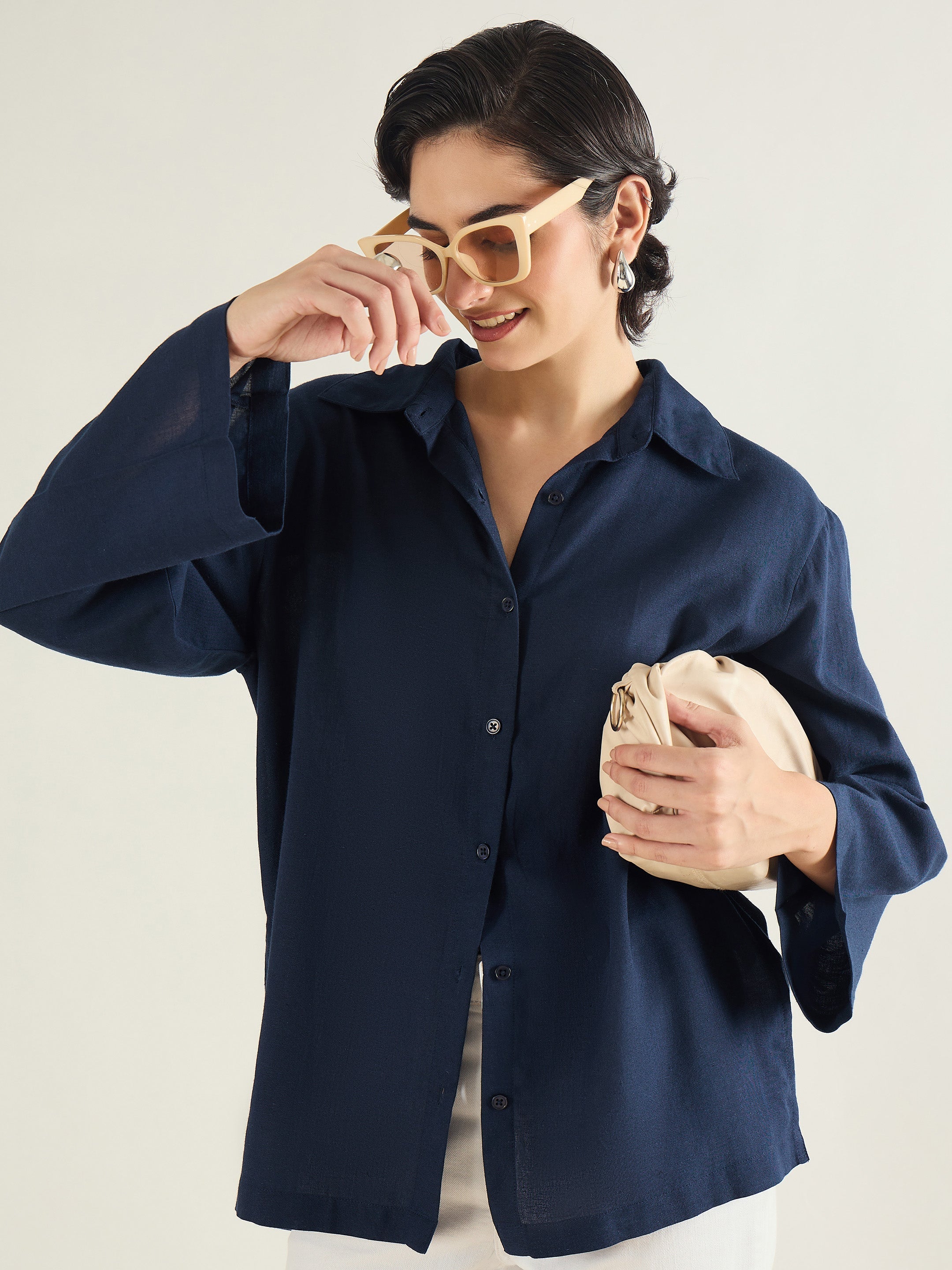 Women Navy Linen Oversize Shirt-SFSHRT20687