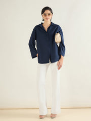 Women Navy Linen Oversize Shirt-SFSHRT20687