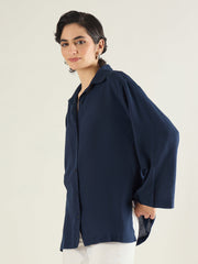 Women Navy Linen Oversize Shirt-SFSHRT20687