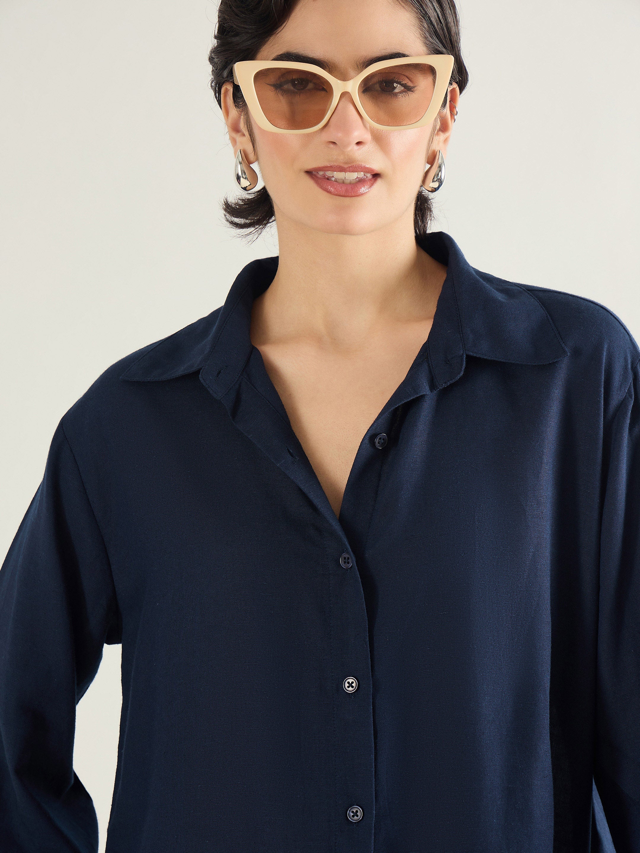 Women Navy Linen Oversize Shirt-SFSHRT20687