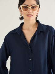 Women Navy Linen Oversize Shirt-SFSHRT20687
