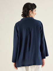 Women Navy Linen Oversize Shirt-SFSHRT20687