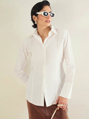 Women White Shoulder Padded Slim Fit Poplin Shirt-SFSHRT20688