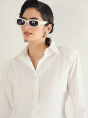 Women White Shoulder Padded Slim Fit Poplin Shirt-SFSHRT20688