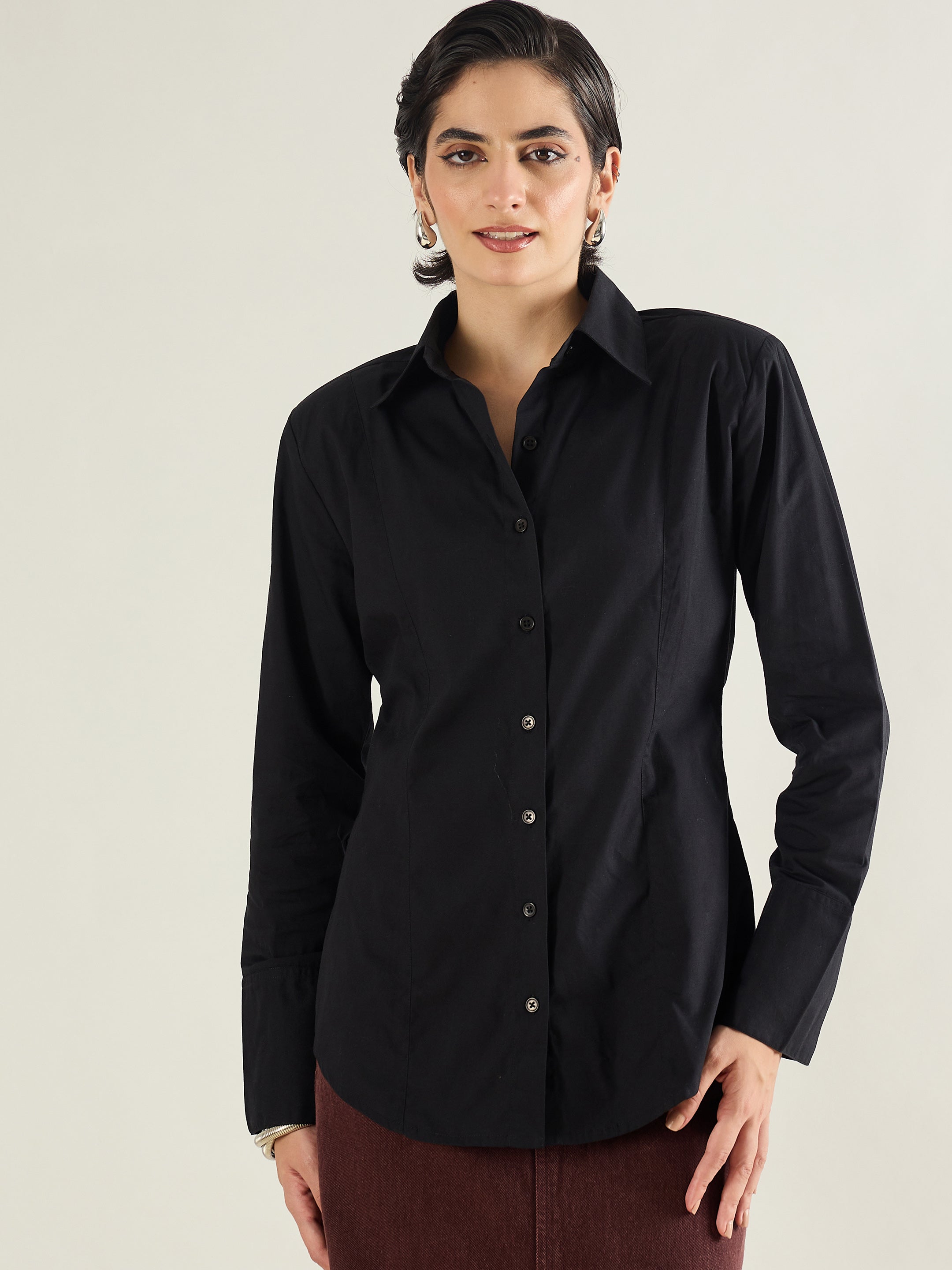 Women Black Shoulder Padded Slim Fit Poplin Shirt-SFSHRT20689