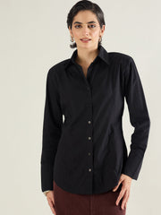 Women Black Shoulder Padded Slim Fit Poplin Shirt-SFSHRT20689