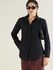Women Black Shoulder Padded Slim Fit Poplin Shirt-SFSHRT20689