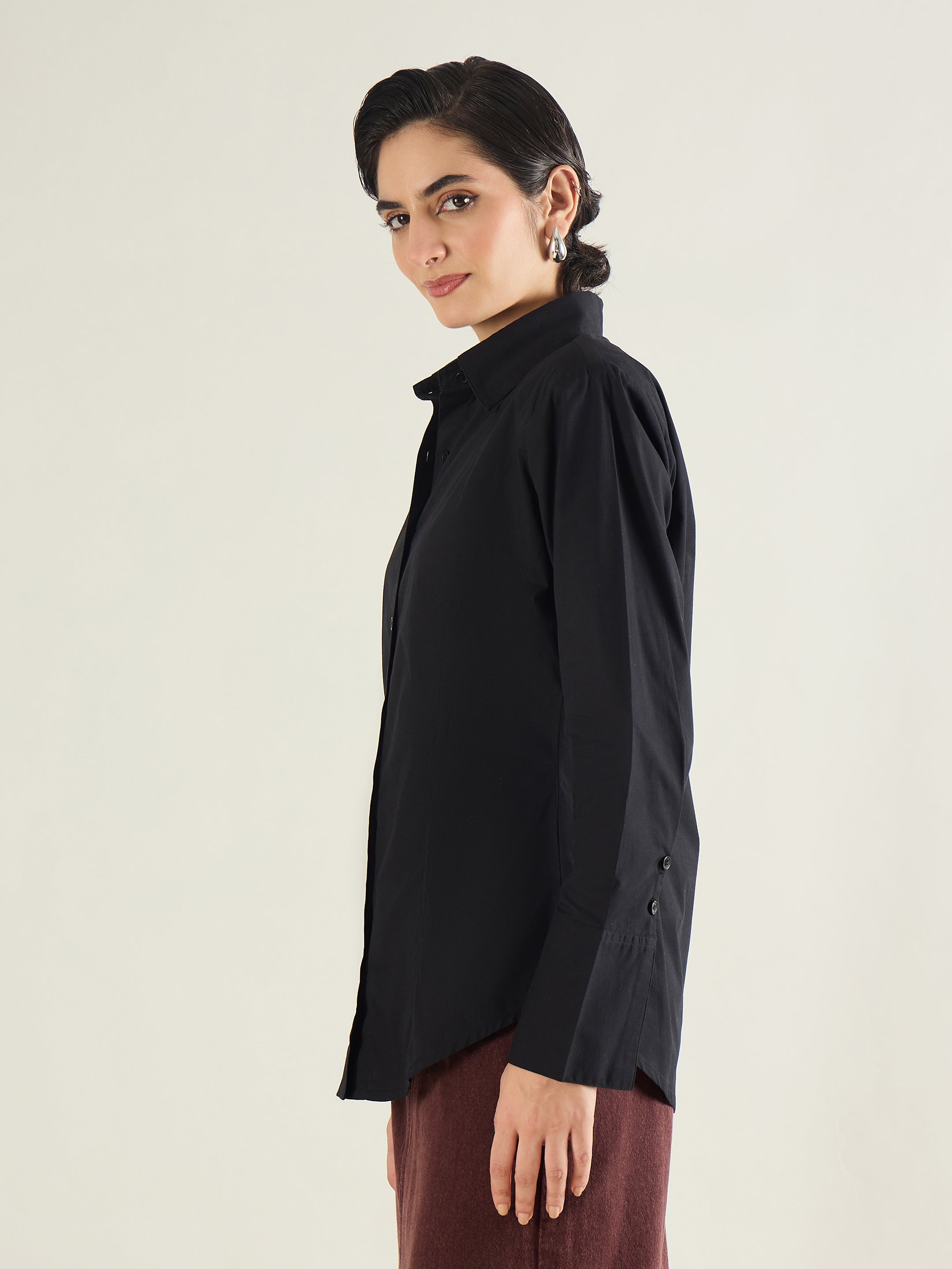 Women Black Shoulder Padded Slim Fit Poplin Shirt-SFSHRT20689