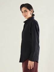 Women Black Shoulder Padded Slim Fit Poplin Shirt-SFSHRT20689