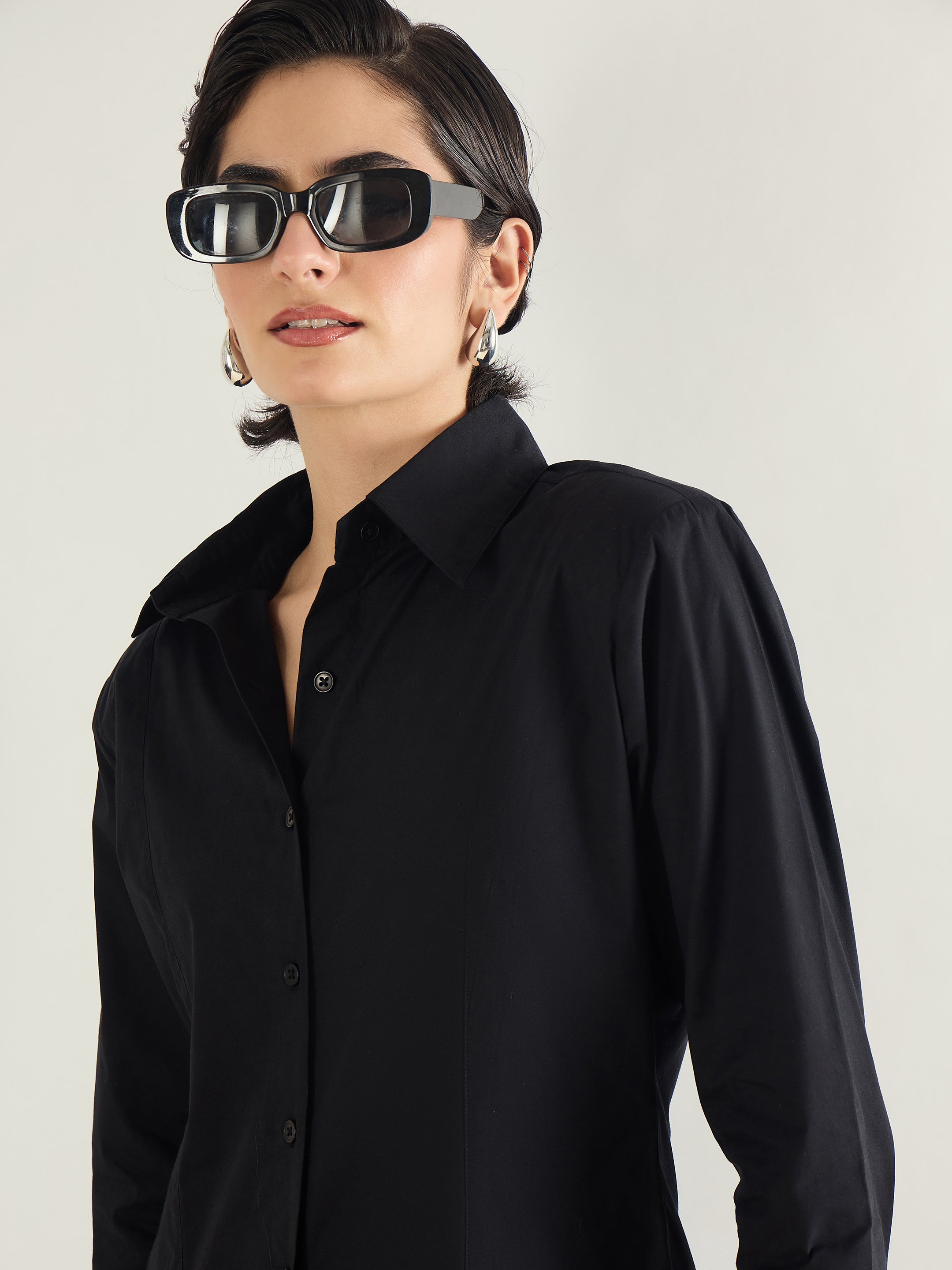 Women Black Shoulder Padded Slim Fit Poplin Shirt-SFSHRT20689