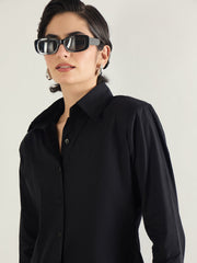 Women Black Shoulder Padded Slim Fit Poplin Shirt-SFSHRT20689