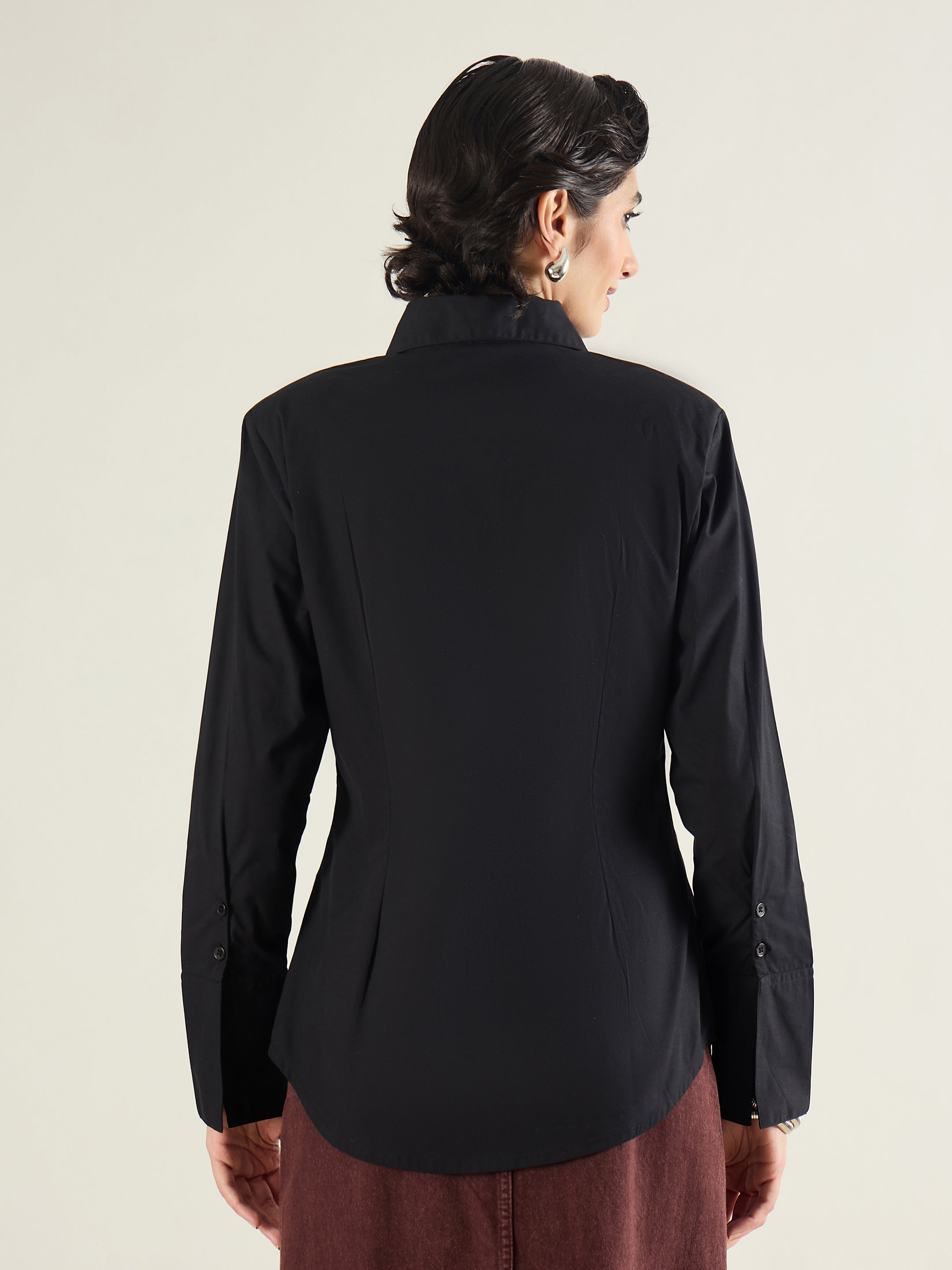 Women Black Shoulder Padded Slim Fit Poplin Shirt-SFSHRT20689