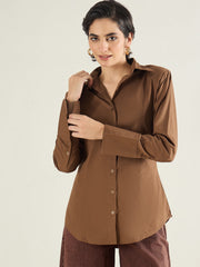 Women Brown Shoulder Padded Slim Fit Poplin Shirt-SFSHRT20690