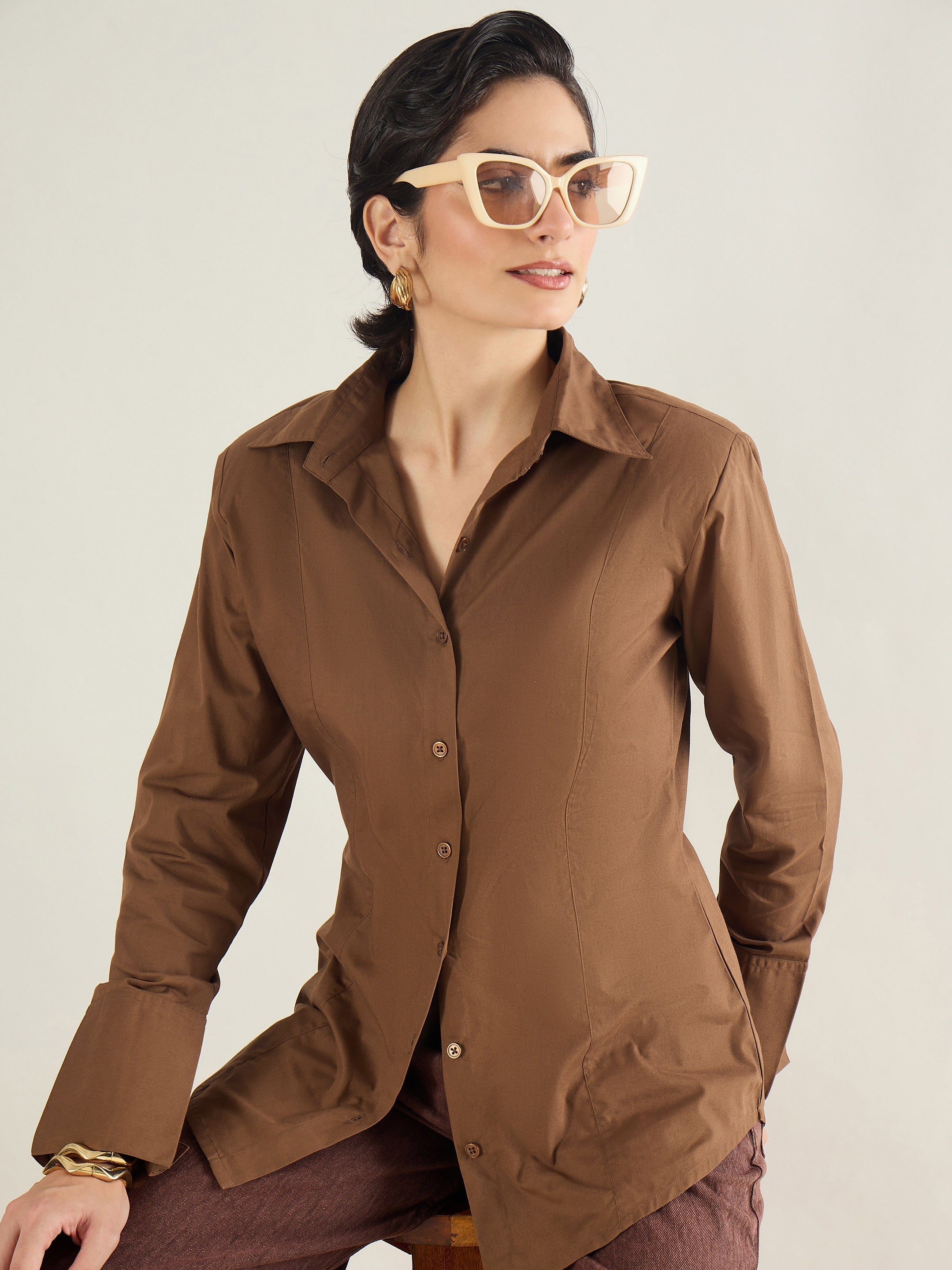 Women Brown Shoulder Padded Slim Fit Poplin Shirt-SFSHRT20690