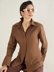 Women Brown Shoulder Padded Slim Fit Poplin Shirt-SFSHRT20690