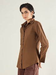 Women Brown Shoulder Padded Slim Fit Poplin Shirt-SFSHRT20690