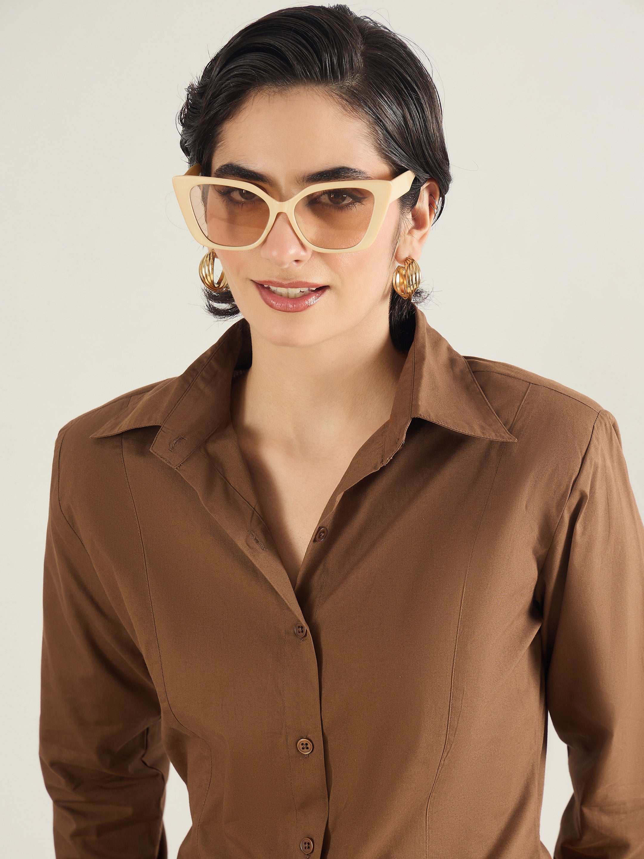 Women Brown Shoulder Padded Slim Fit Poplin Shirt-SFSHRT20690