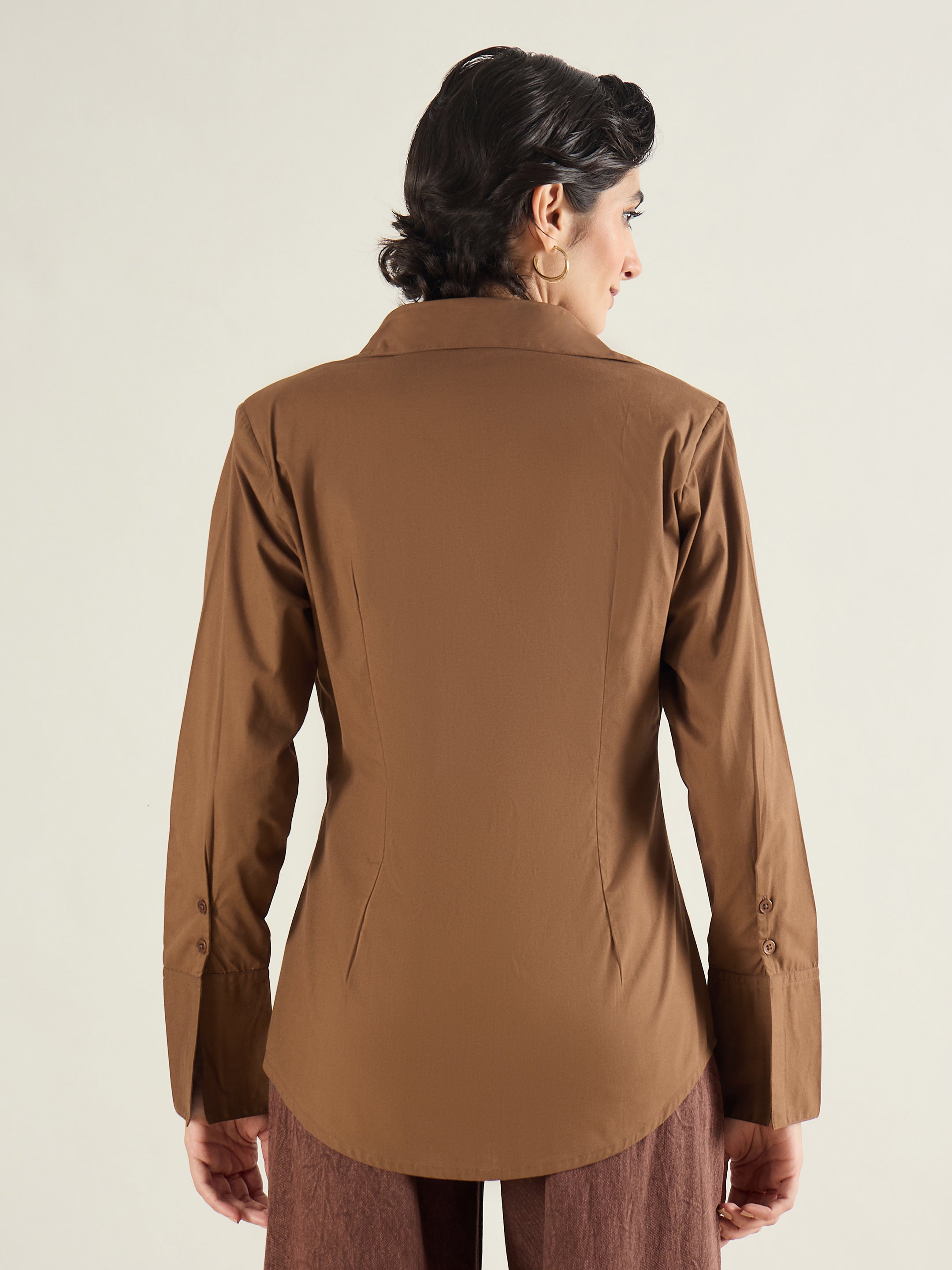 Women Brown Shoulder Padded Slim Fit Poplin Shirt-SFSHRT20690