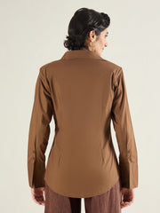 Women Brown Shoulder Padded Slim Fit Poplin Shirt-SFSHRT20690