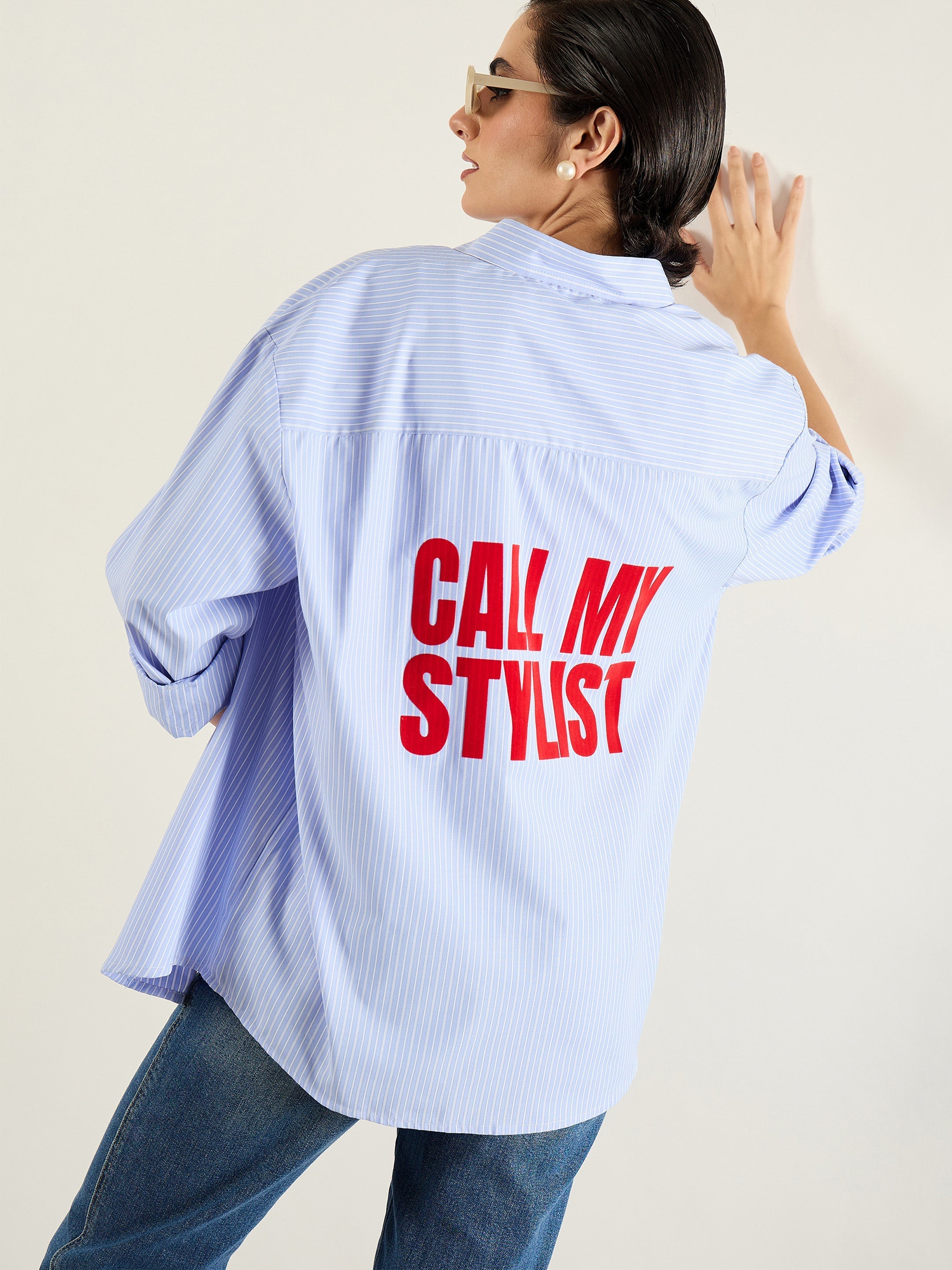 Women Blue & White Stripes Typography Relax Shirt-SFSHRT20694