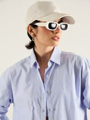 Women Blue & White Stripes Typography Relax Shirt-SFSHRT20694