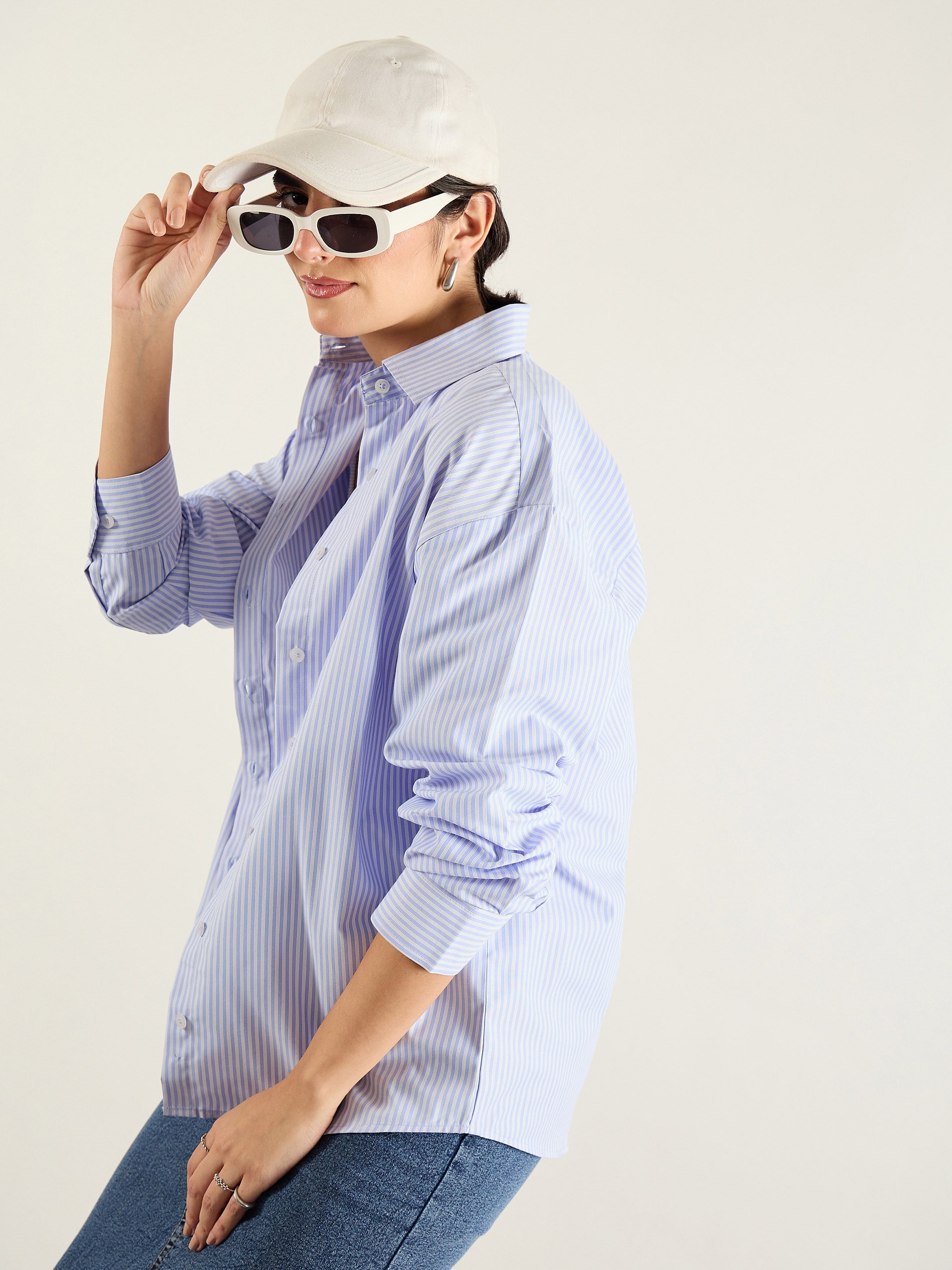 Women Blue & White Stripes Typography Relax Shirt-SFSHRT20694