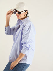 Women Blue & White Stripes Typography Relax Shirt-SFSHRT20694