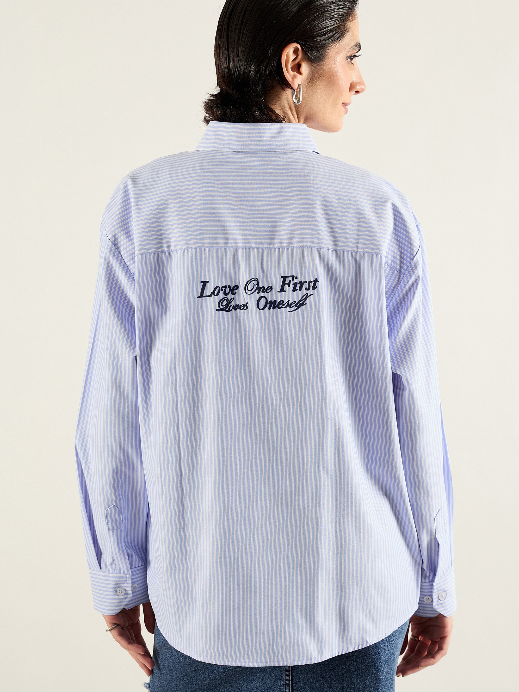 Women Blue & White Printed Back Relax Shirt-SFSHRT20695