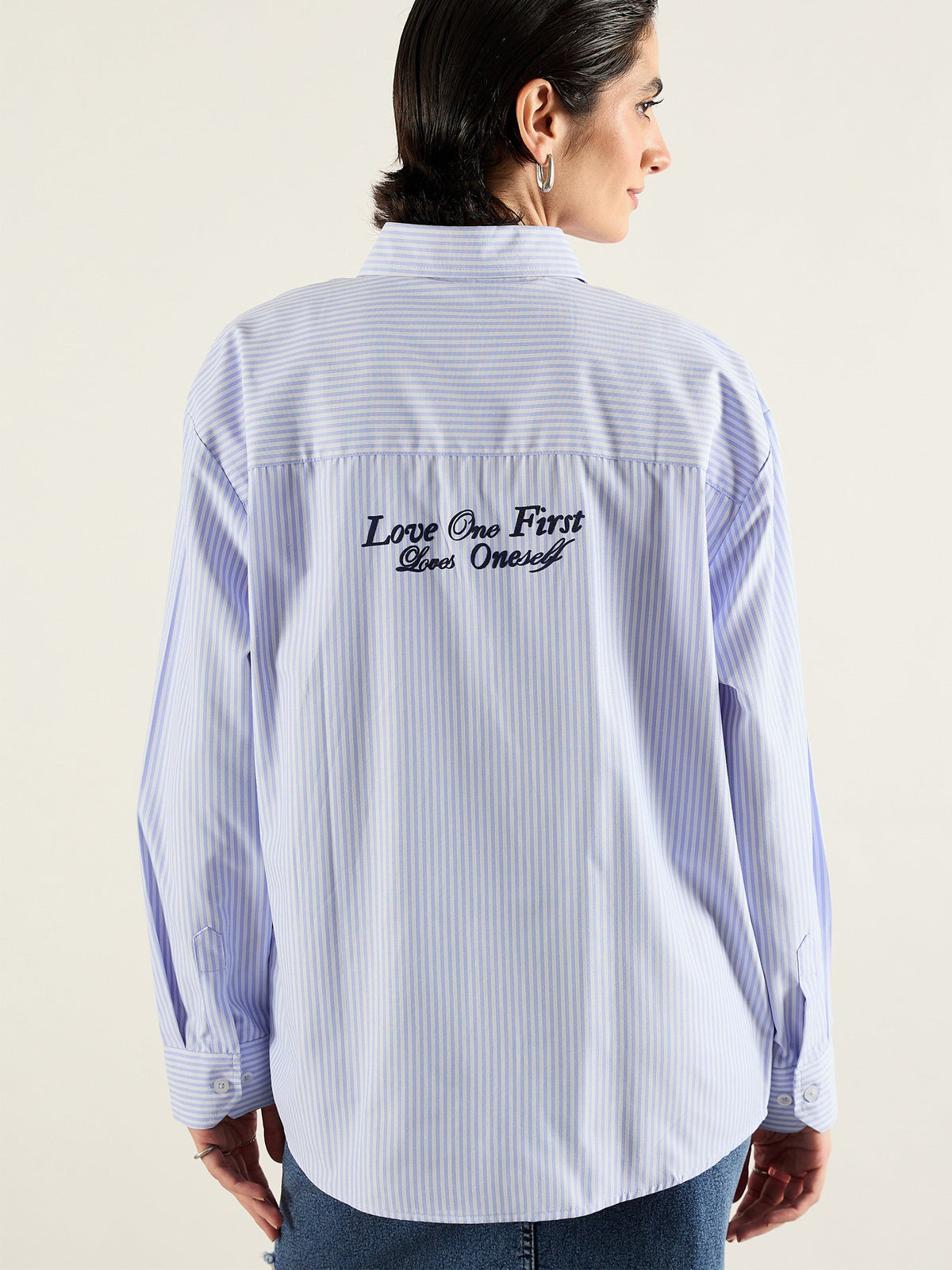 Women Blue & White Printed Back Relax Shirt-SFSHRT20695