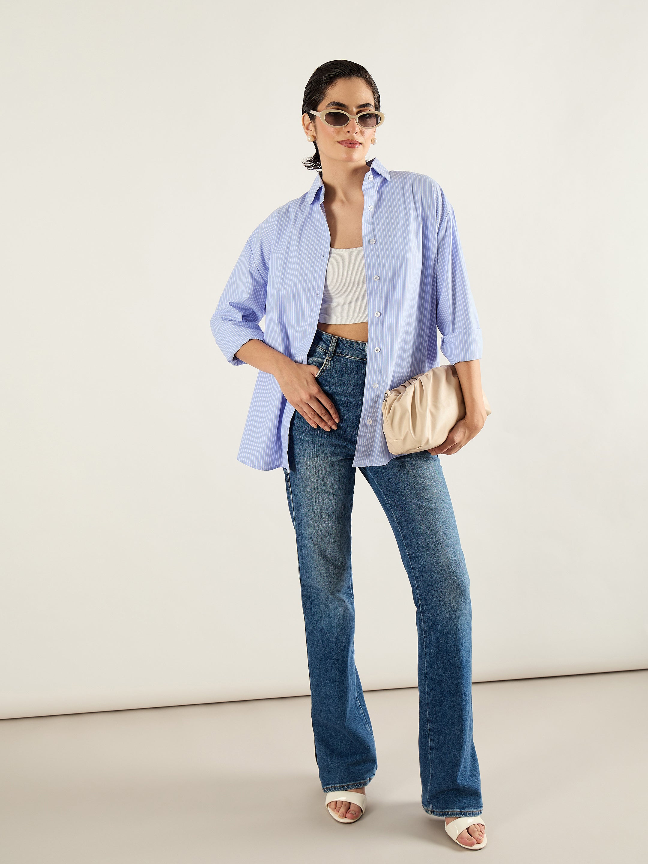 Women Blue & White Printed Back Relax Shirt-SFSHRT20695