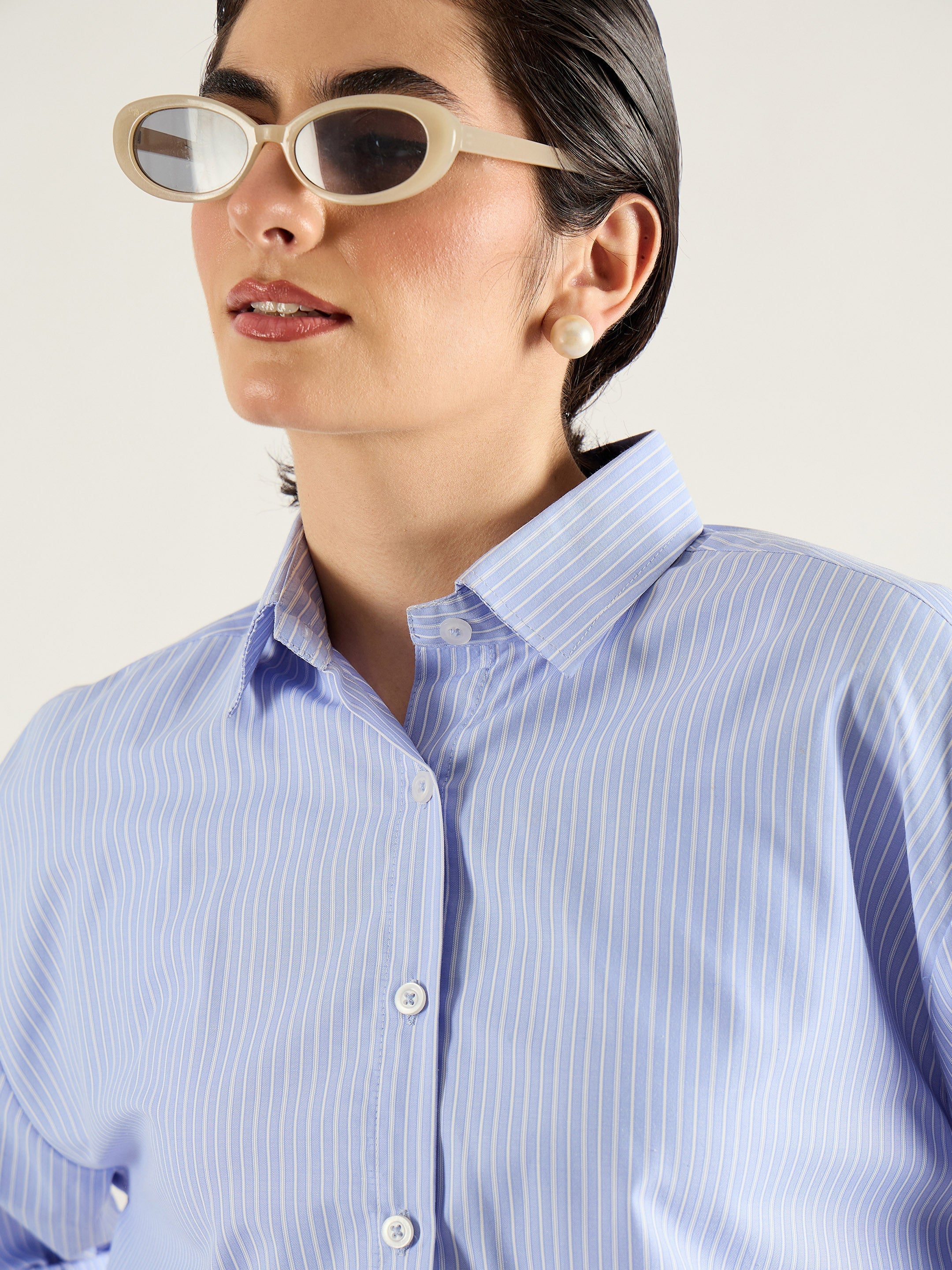 Women Blue & White Printed Back Relax Shirt-SFSHRT20695