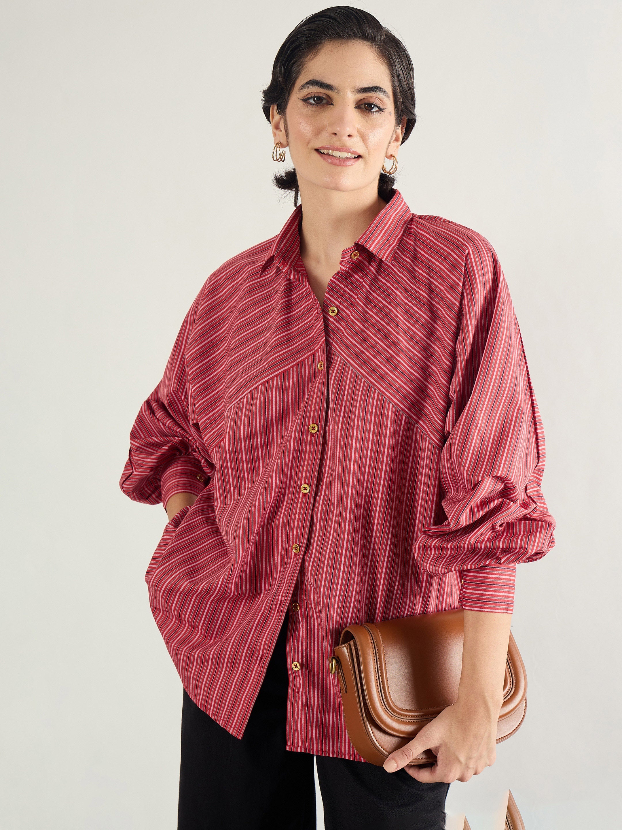 Women Red & White Stripe Oversized Shirt-SFSHRT20696