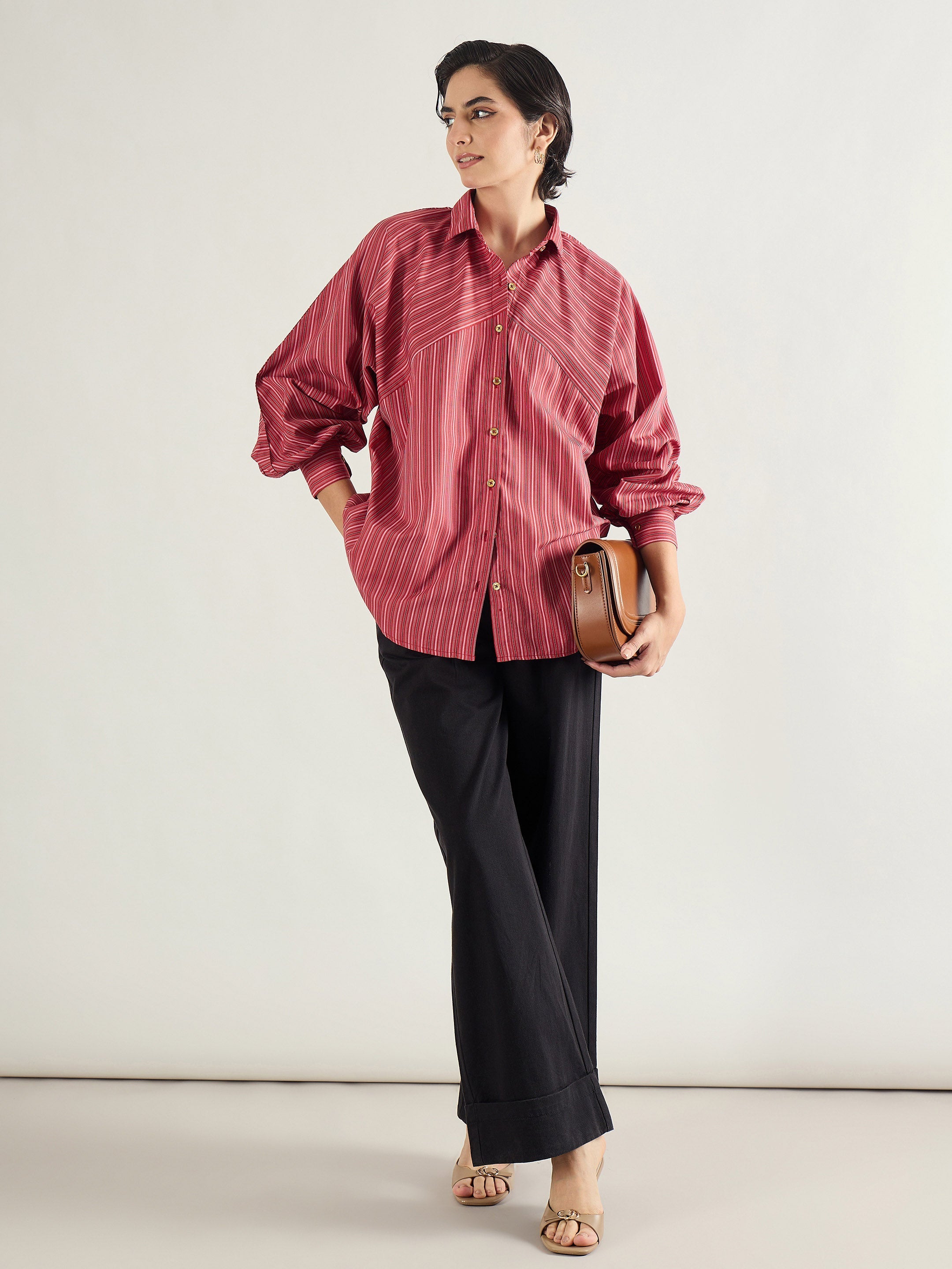 Women Red & White Stripe Oversized Shirt-SFSHRT20696