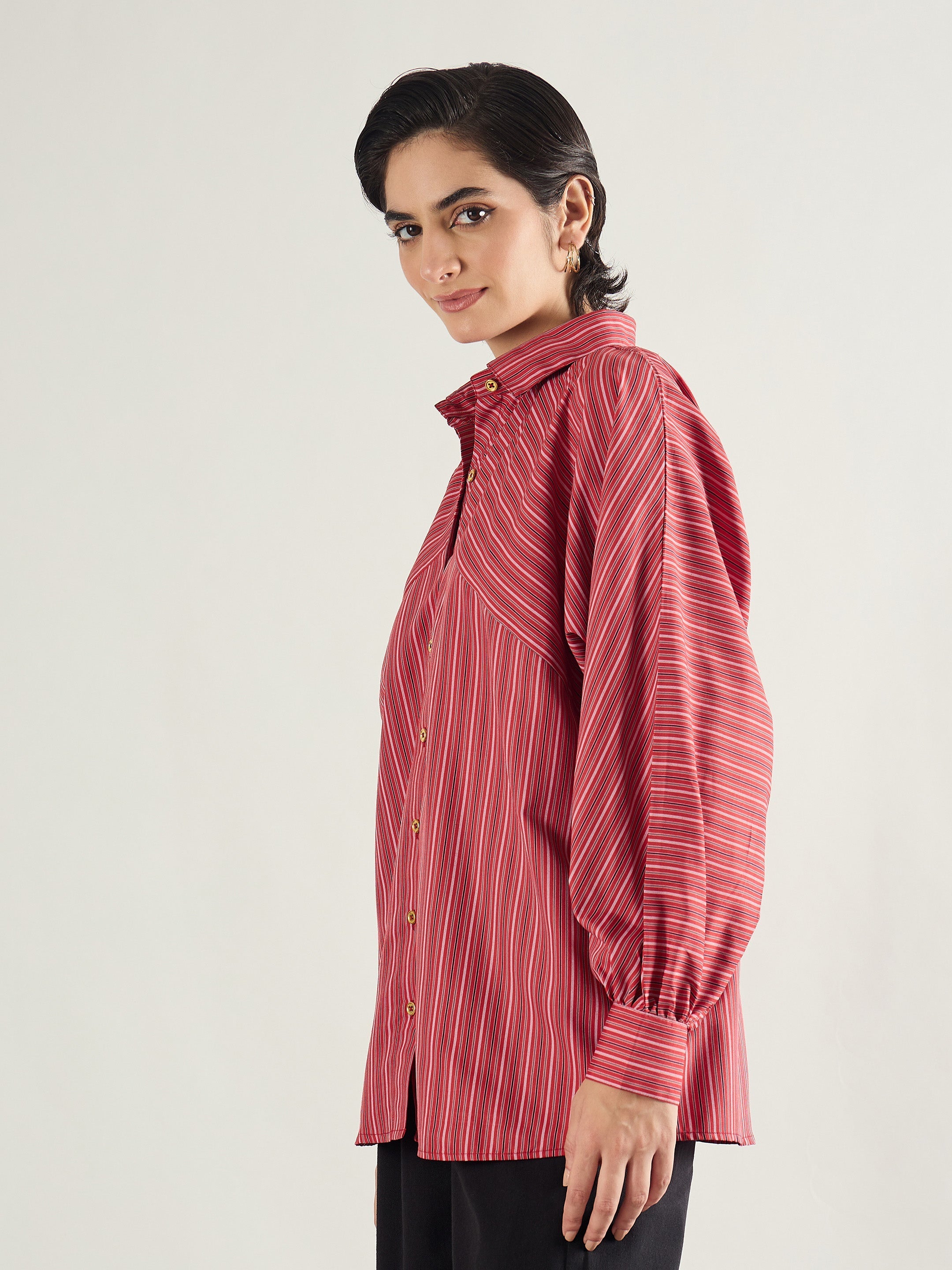 Women Red & White Stripe Oversized Shirt-SFSHRT20696