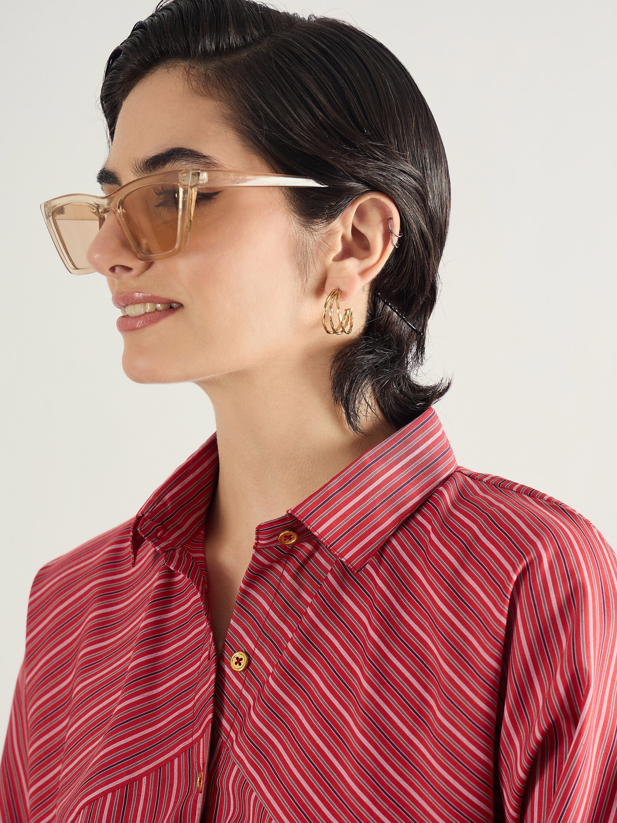 Women Red & White Stripe Oversized Shirt-SFSHRT20696