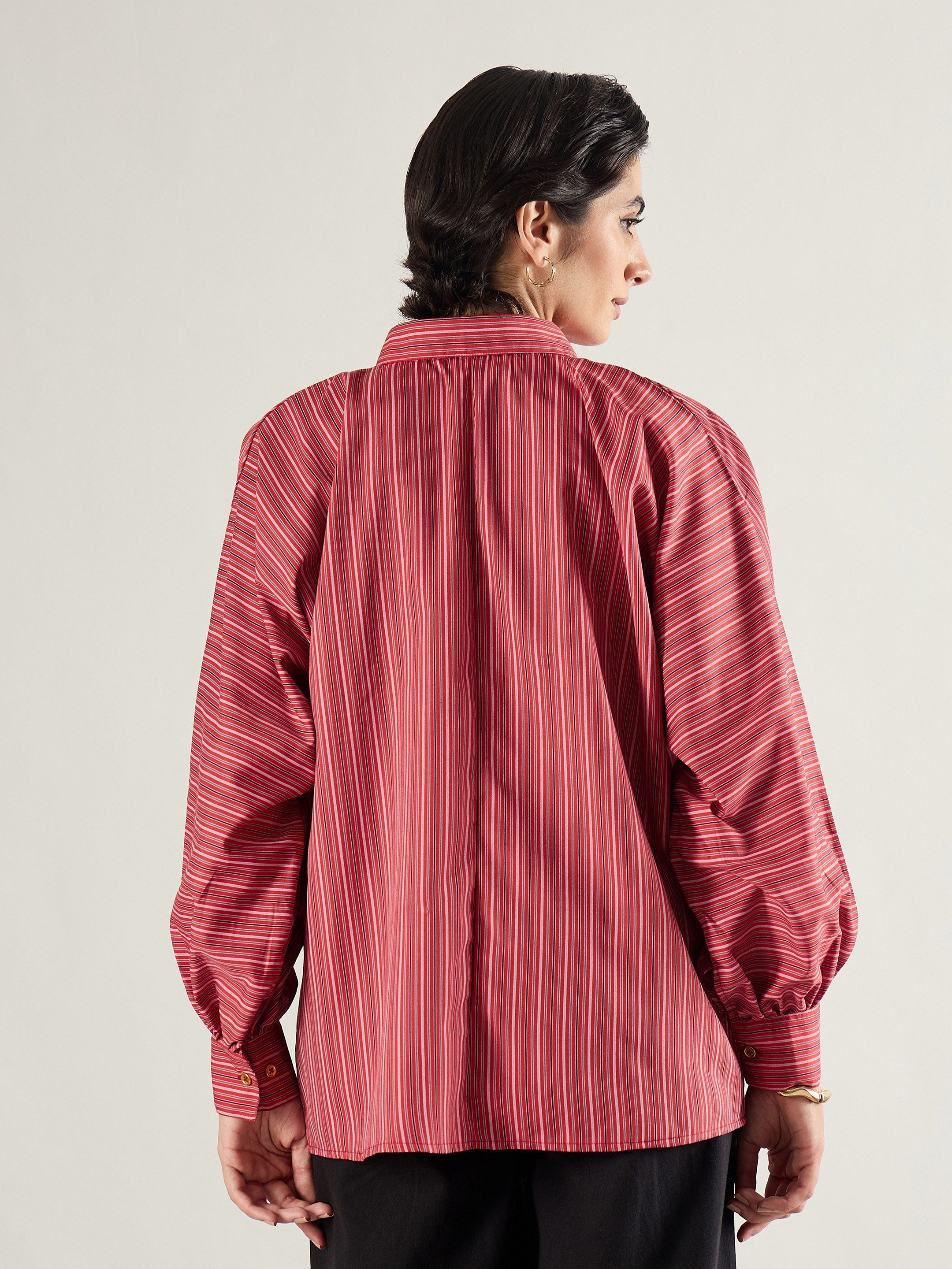 Women Red & White Stripe Oversized Shirt-SFSHRT20696