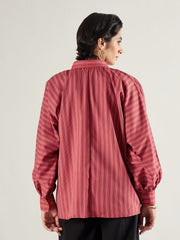 Women Red & White Stripe Oversized Shirt-SFSHRT20696